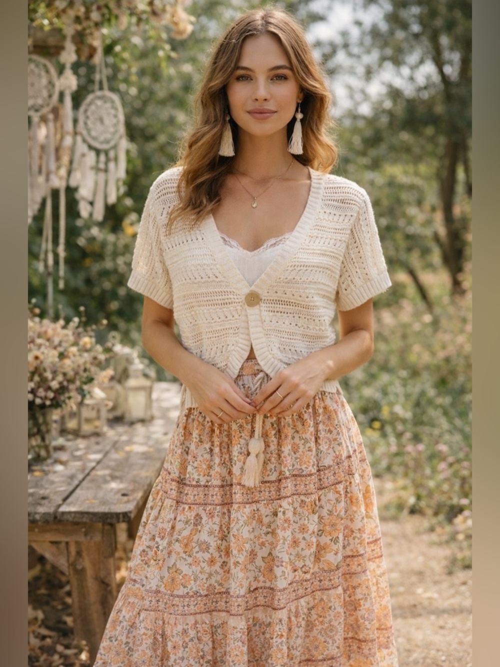 Vintage Jones Sport Of New York Crochet Knot Short Sleeve Cream Cardigan Size M